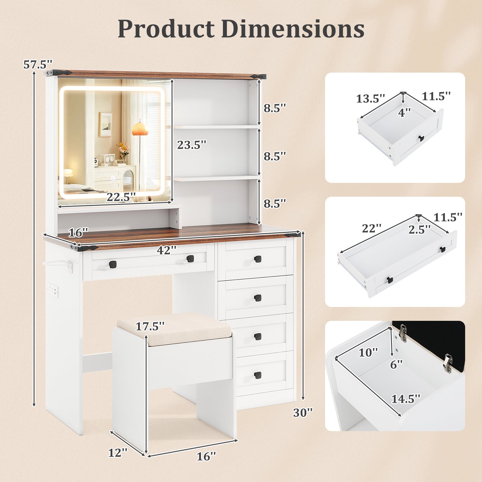 Farmhouse Vanity Set with Mirror and 3-Color Lighting-White