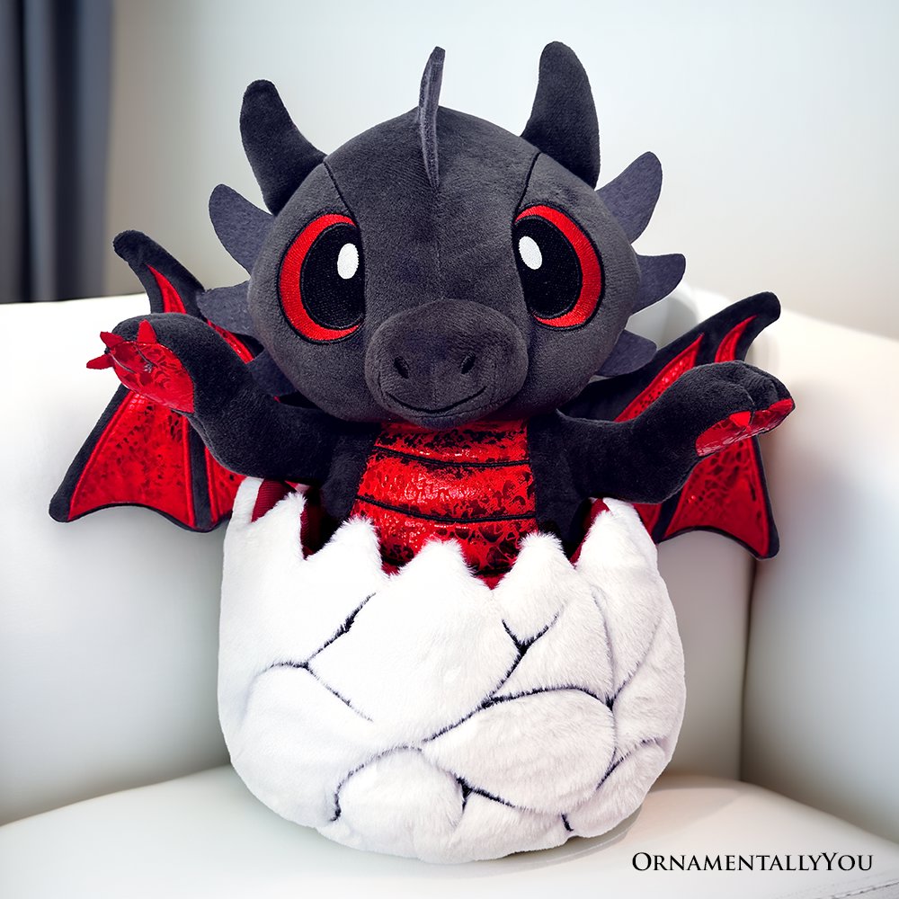 Drogo the Dino in an Egg Plushie - 12" Black & Red Dinosaur Stuffed Animal