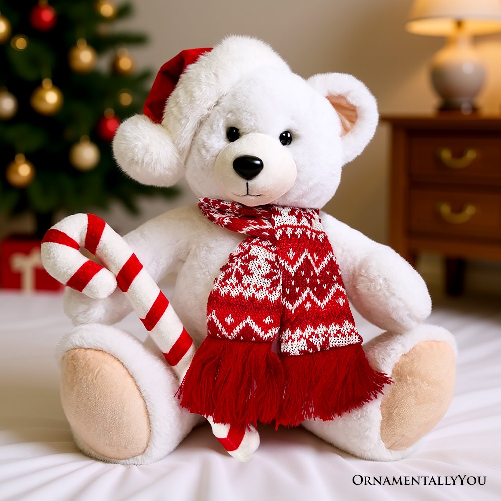 Snowy the Polar Bear Plushie - 12" Christmas Stuffed Toy with Santa Hat & Candy Cane
