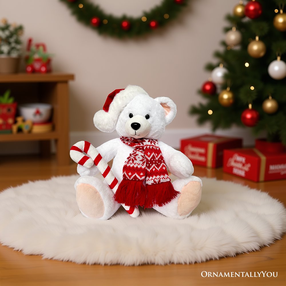 Snowy the Polar Bear Plushie - 12" Christmas Stuffed Toy with Santa Hat & Candy Cane