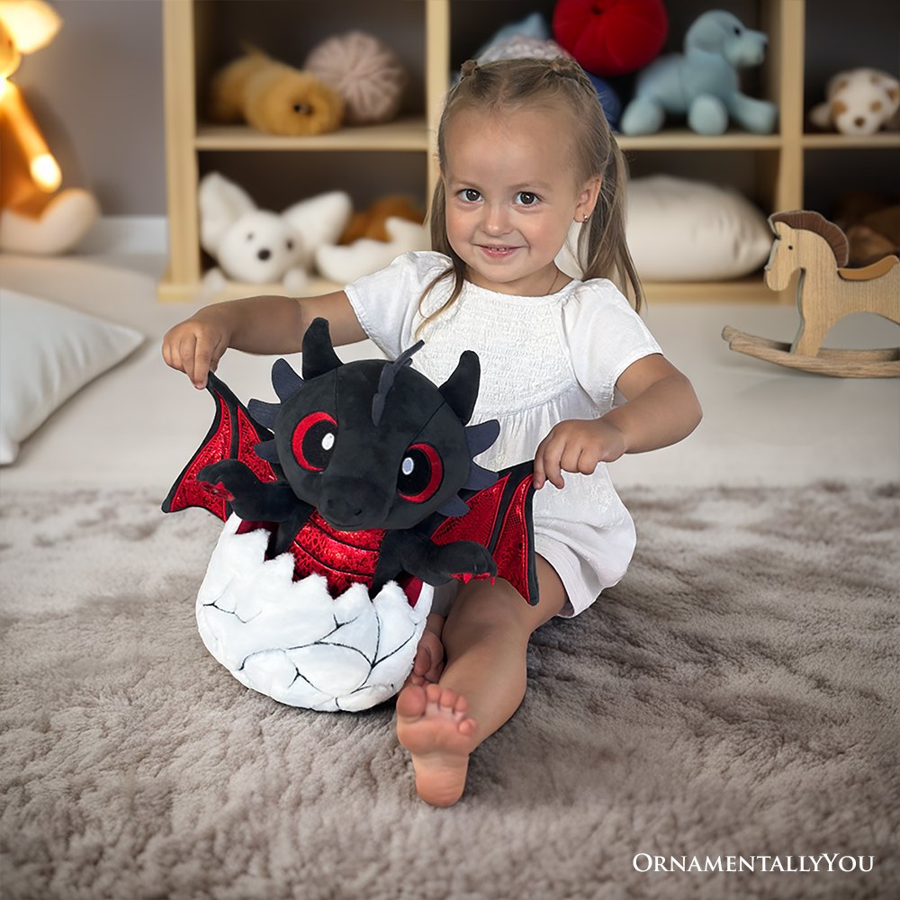 Drogo the Dino in an Egg Plushie - 12" Black & Red Dinosaur Stuffed Animal