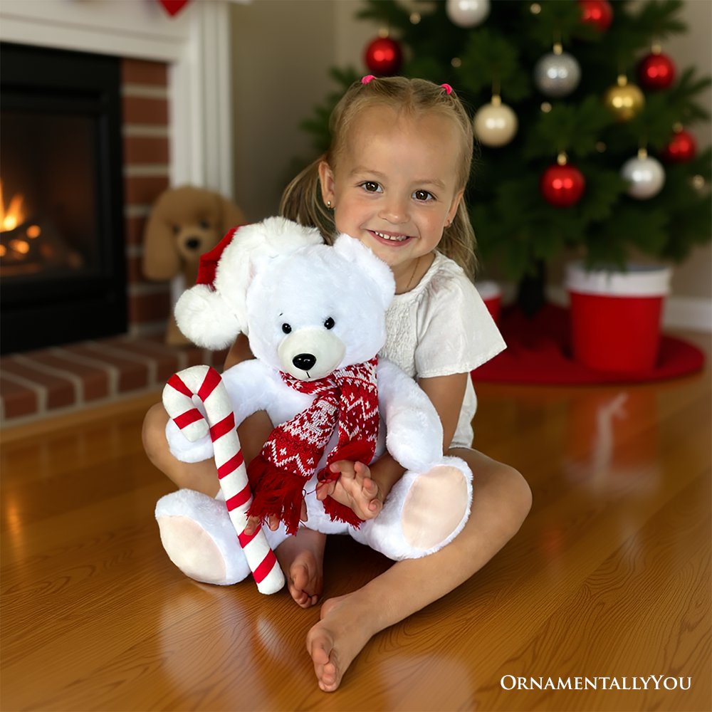 Snowy the Polar Bear Plushie - 12" Christmas Stuffed Toy with Santa Hat & Candy Cane