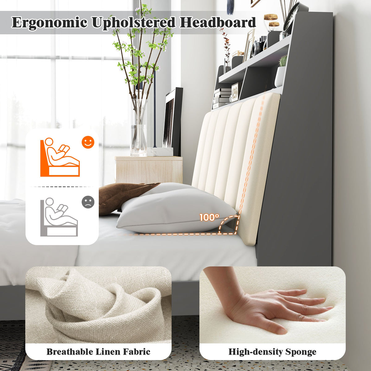 Full Size Bed Frame with Storage Modern Platform Bed with Headboard-Full Size