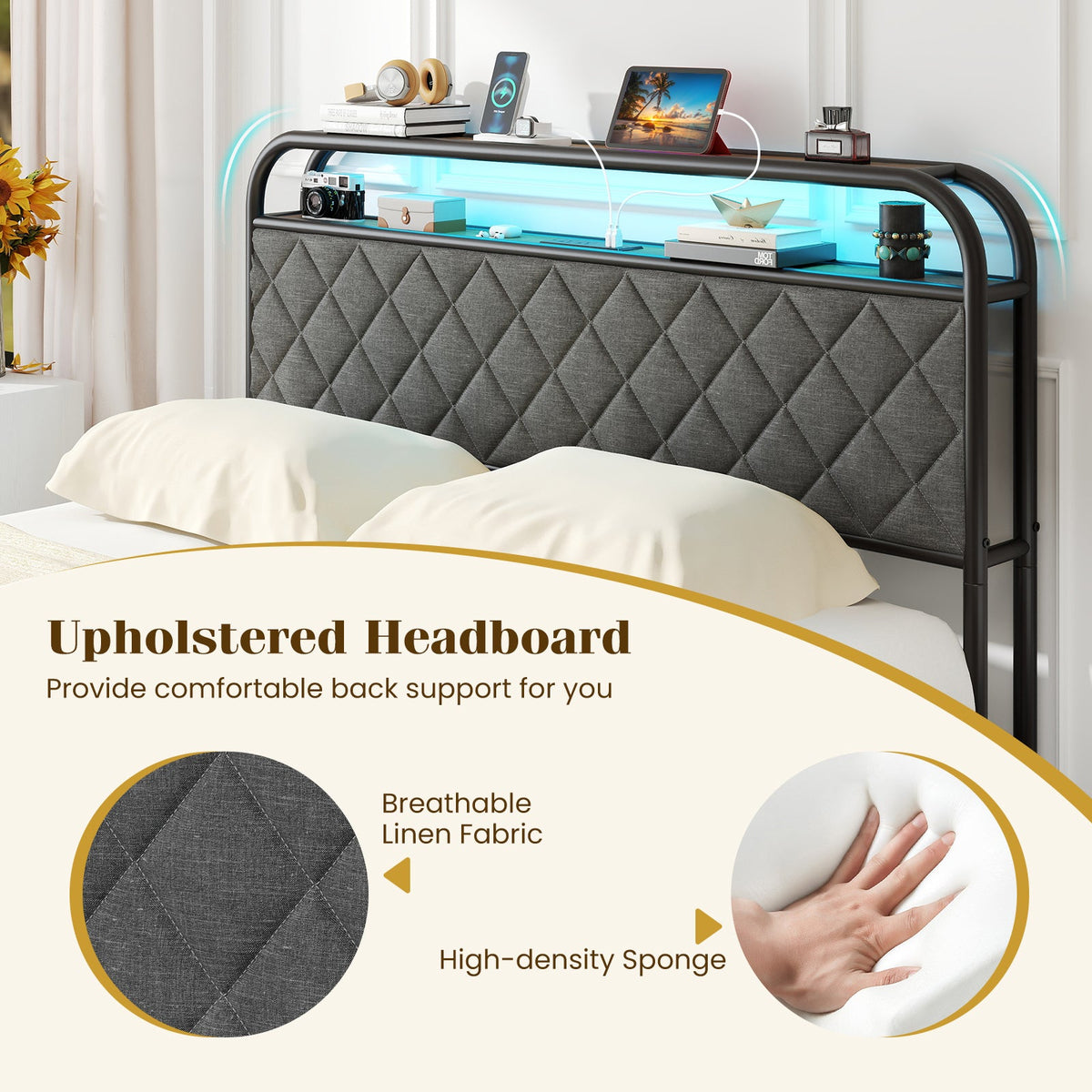 Twin/Full/Queen Size Bed Frame with LED Lights and Charging Station-Full Size