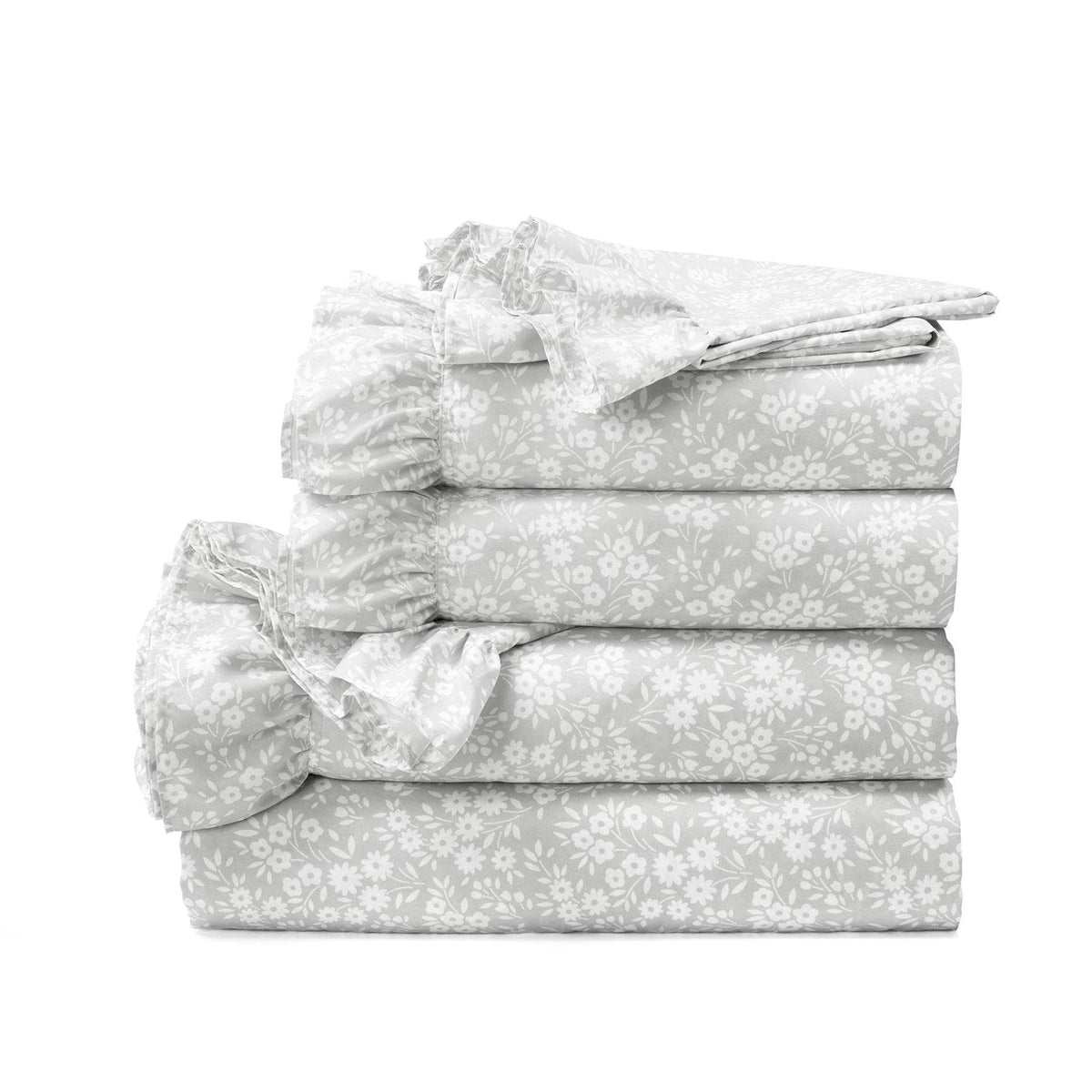 Queen Size, Grey Ruffle Floral Polyester 6 Piece Sheet Set