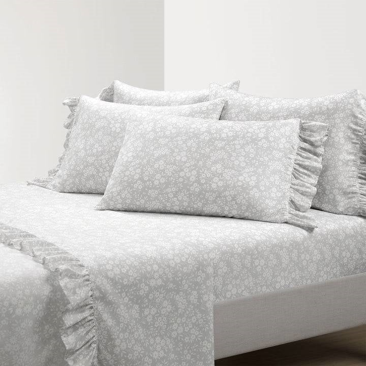 Queen Size, Grey Ruffle Floral Polyester 6 Piece Sheet Set
