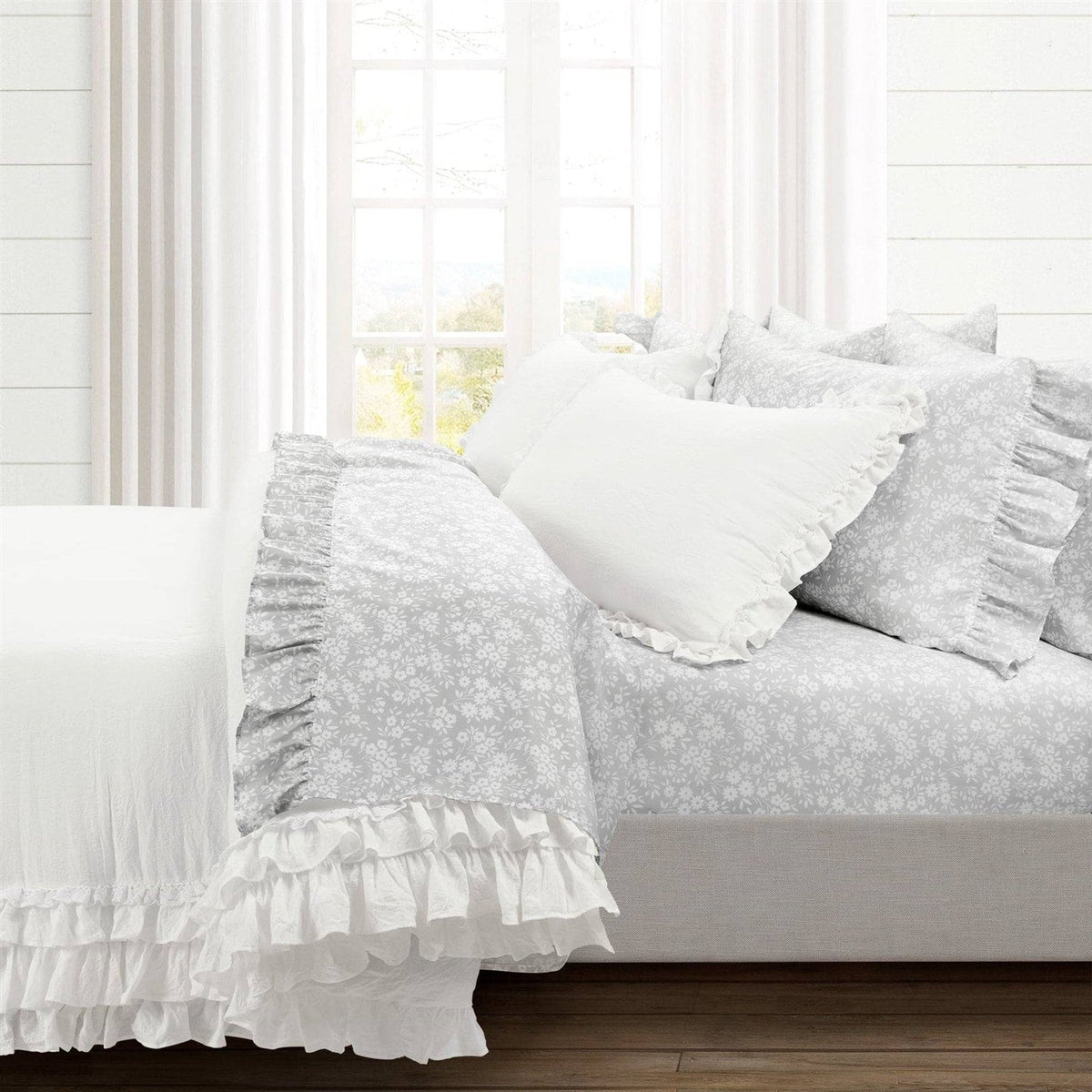 Queen Size, Grey Ruffle Floral Polyester 6 Piece Sheet Set