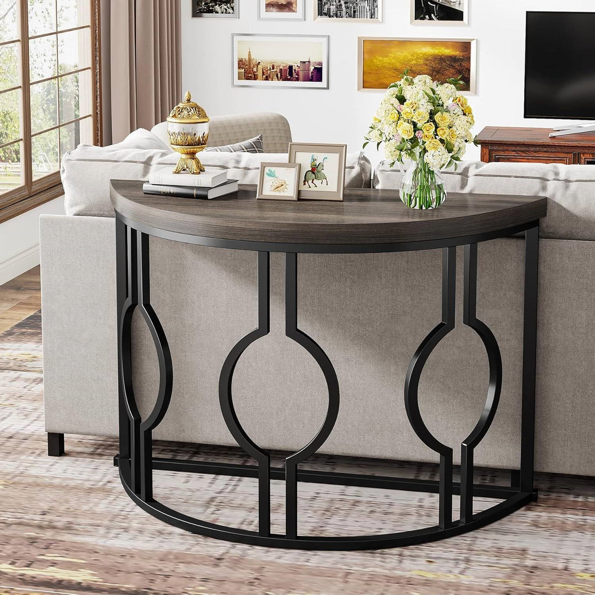 Half Moon Accent Sofa Table with Grey Wood Top, Black Frame