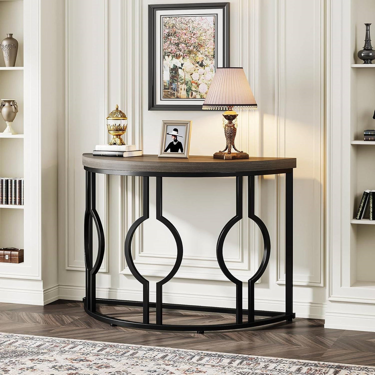 Half Moon Accent Sofa Table with Grey Wood Top, Black Frame