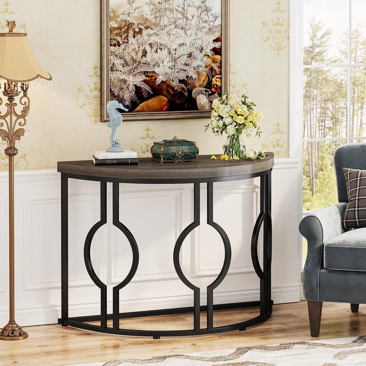 Half Moon Accent Sofa Table with Grey Wood Top, Black Frame
