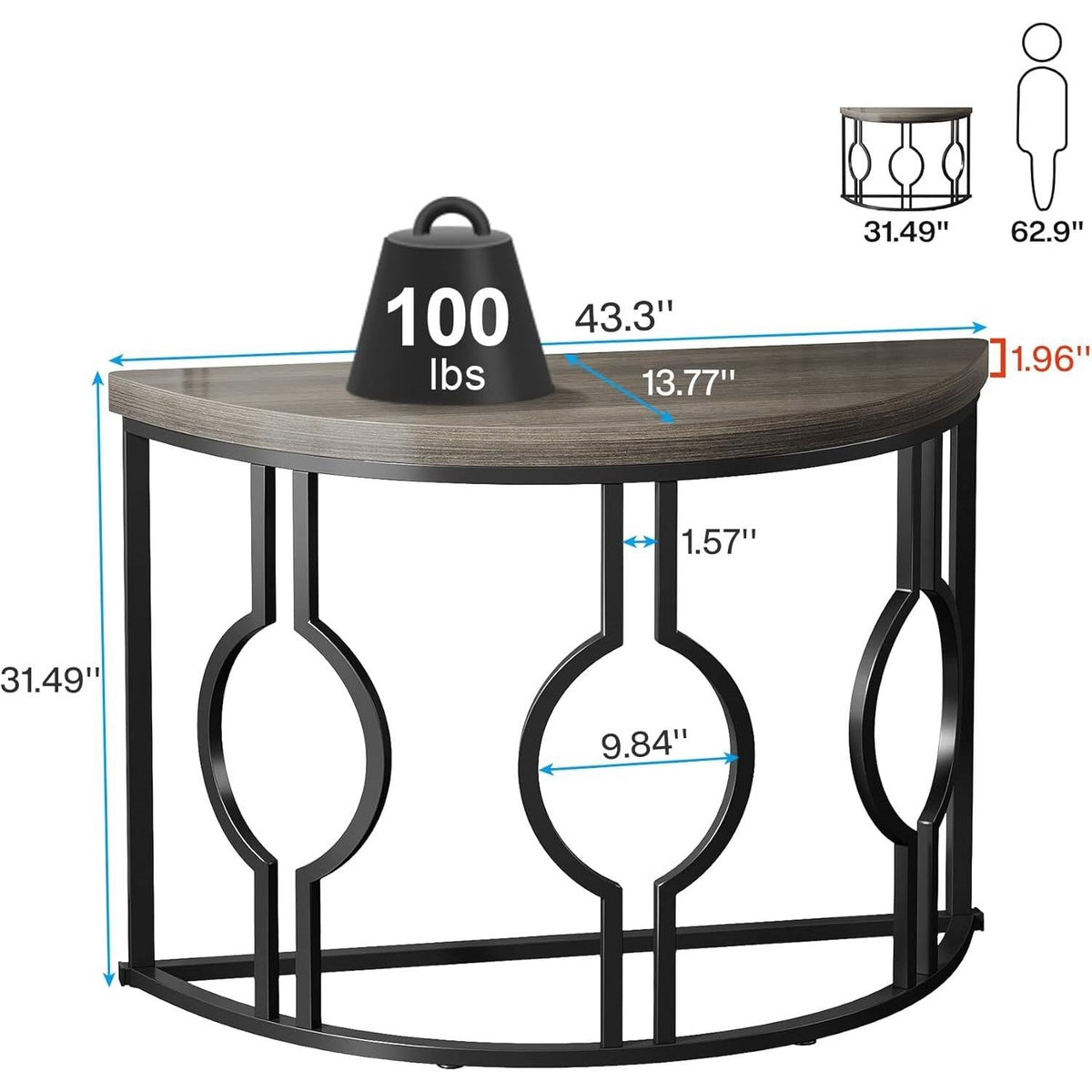 Half Moon Accent Sofa Table with Grey Wood Top, Black Frame