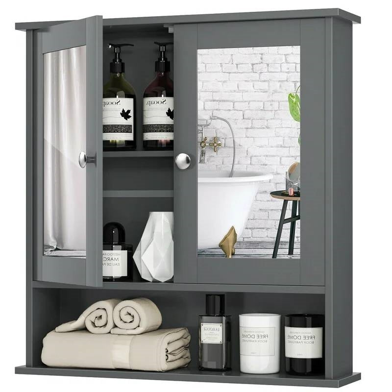 Grey Wood Bathroom Wall/Medicine Cabinet with Mirrored Doors and Shelf