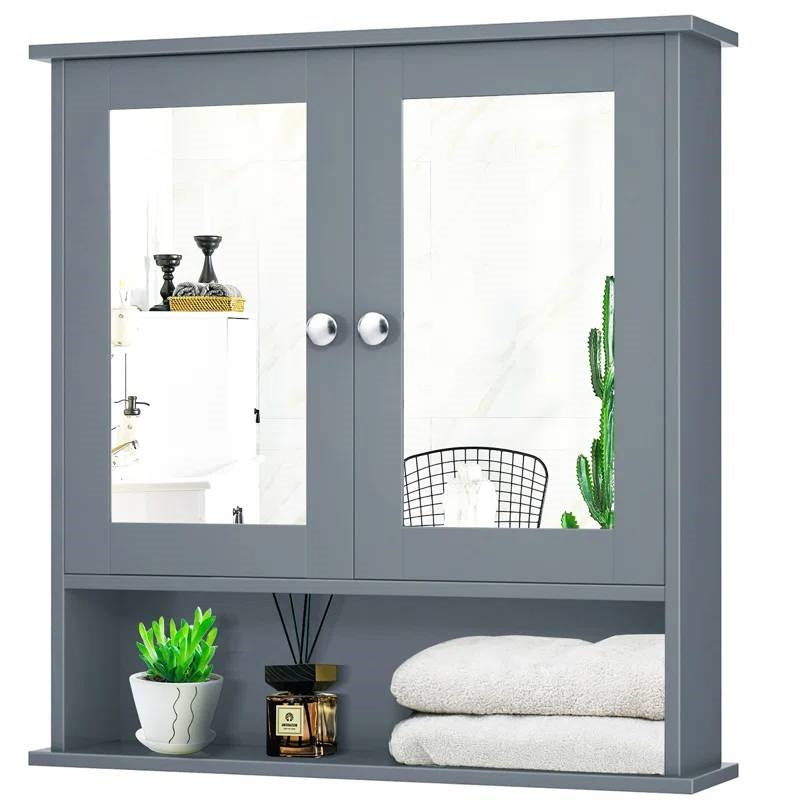 Grey Wood Bathroom Wall/Medicine Cabinet with Mirrored Doors and Shelf