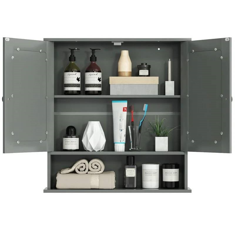 Grey Wood Bathroom Wall/Medicine Cabinet with Mirrored Doors and Shelf