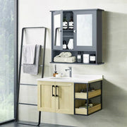 Grey Wood Bathroom Wall/Medicine Cabinet with Mirrored Doors and Shelf