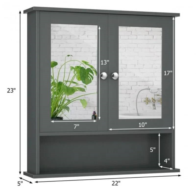 Grey Wood Bathroom Wall/Medicine Cabinet with Mirrored Doors and Shelf