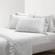 King Size, Grey Ruffle, Floral Polyester 6 Piece Sheet Set