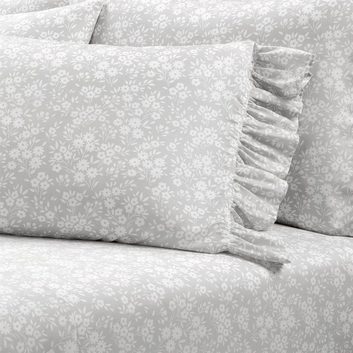 King Size, Grey Ruffle, Floral Polyester 6 Piece Sheet Set