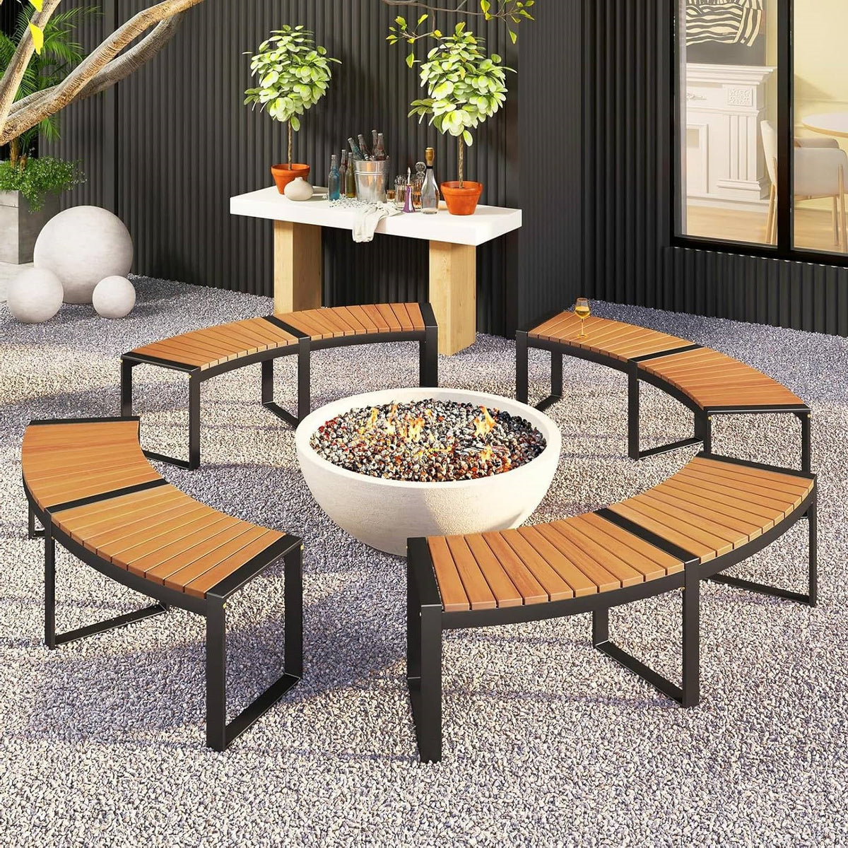 Outdoor, Metal Frame, Backless Garden Bench with Modern Arch Design