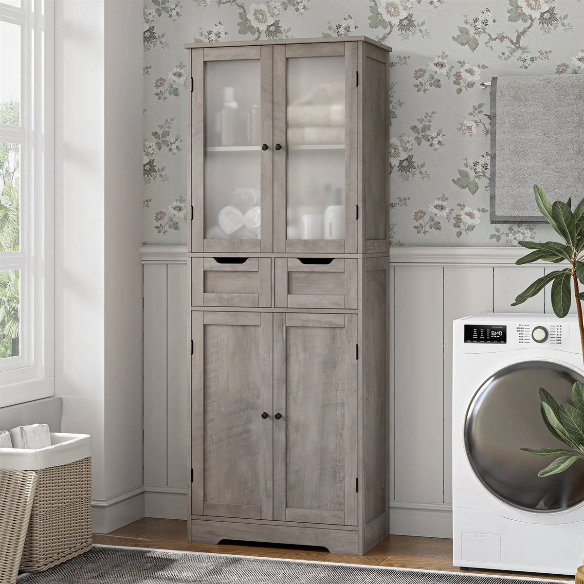 Farmhouse Bathroom Linen Cabinet with Storage Drawers in Grey
