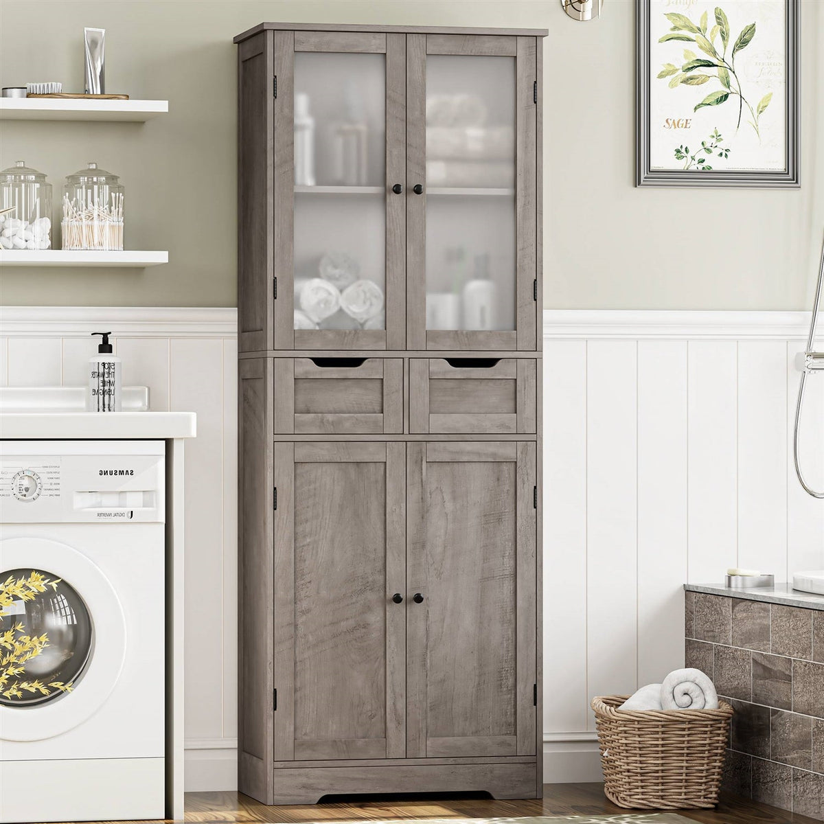 Farmhouse Bathroom Linen Cabinet with Storage Drawers in Grey