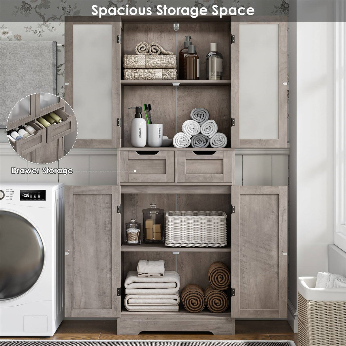 Farmhouse Bathroom Linen Cabinet with Storage Drawers in Grey