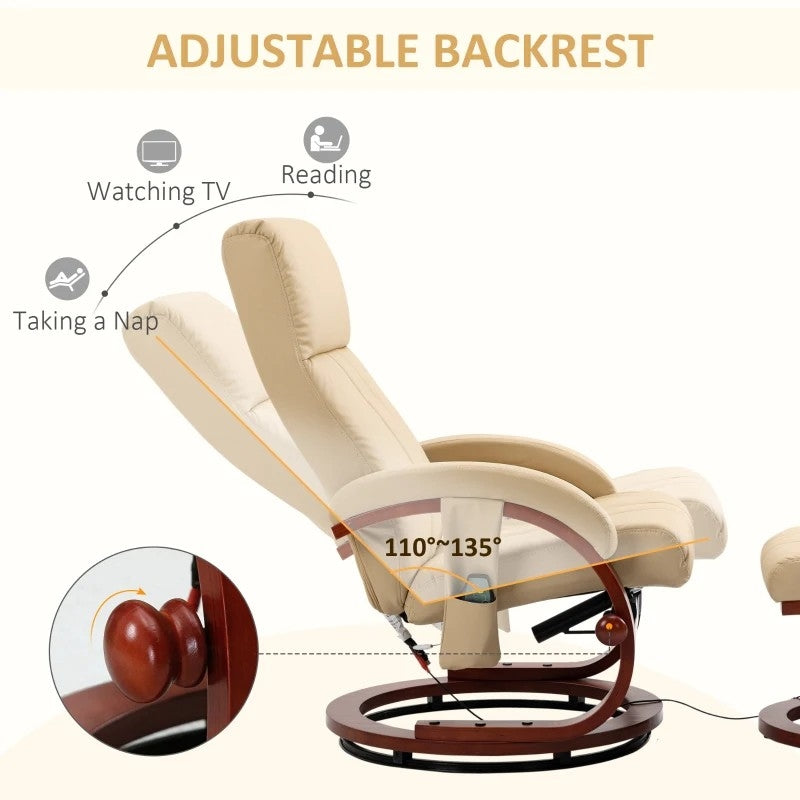 Adjustable Beige Faux Leather Electric Recliner Chair w/ Ottoman