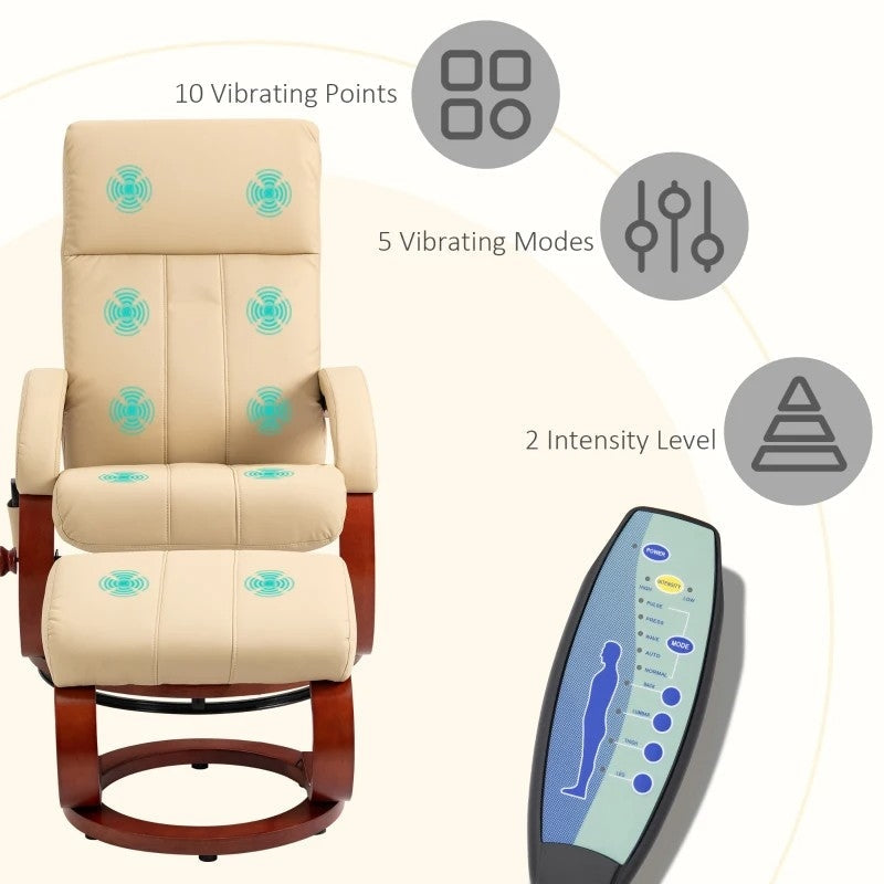 Adjustable Beige Faux Leather Electric Recliner Chair w/ Ottoman