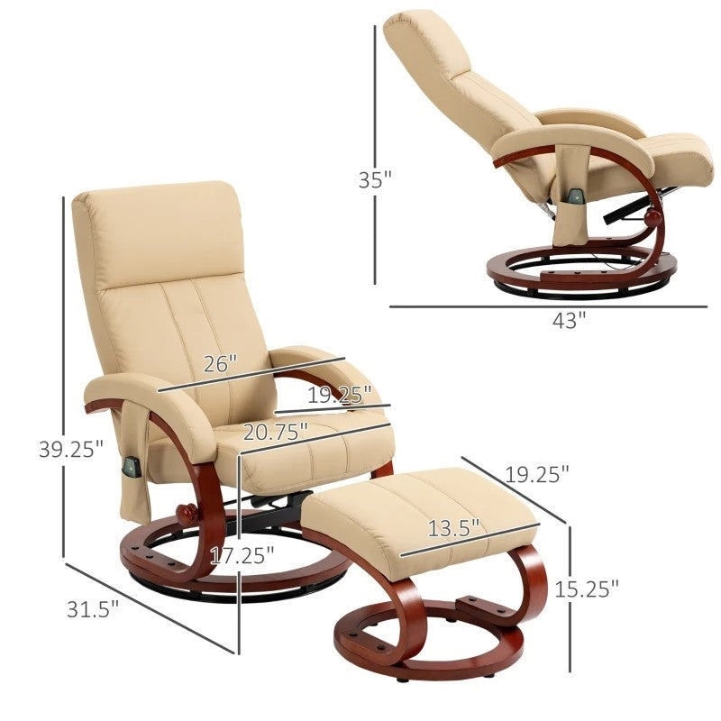Adjustable Beige Faux Leather Electric Recliner Chair w/ Ottoman