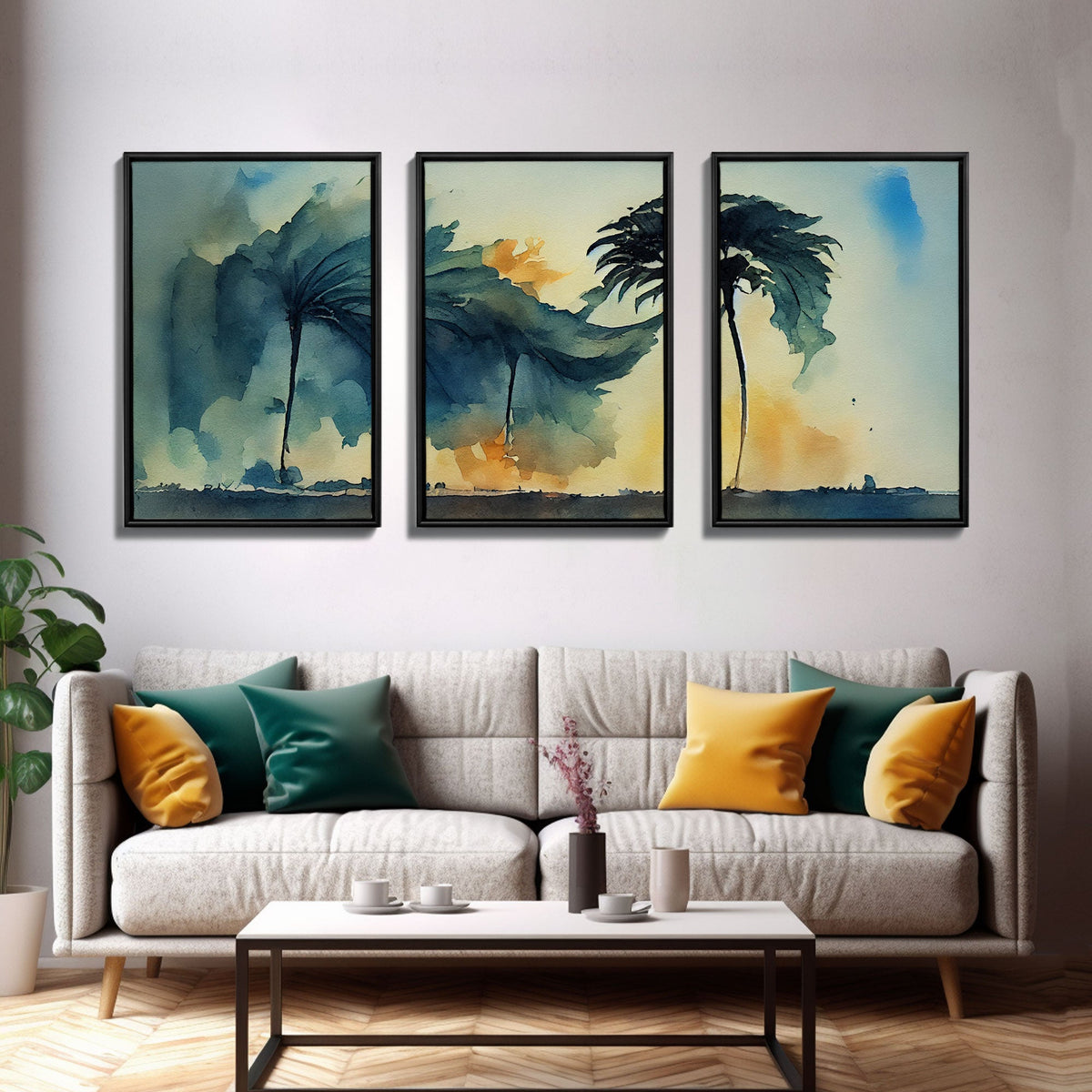 Watercolor of a Palm Tree Blowing in a Hurricane, 3 Piece Canvas Print, Wall Art