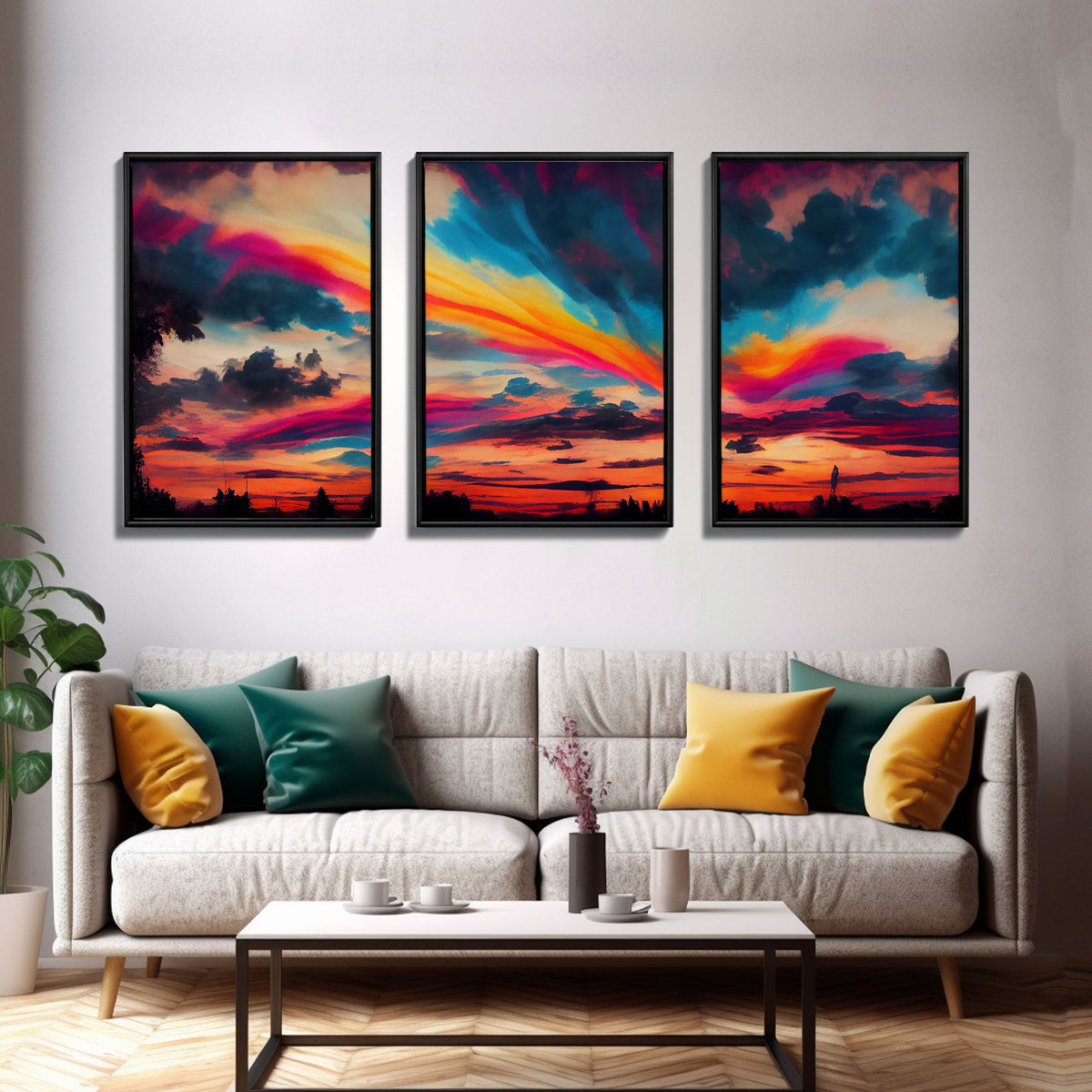 Psychedelic Sunset, 3 piece Canvas Print Wall Art