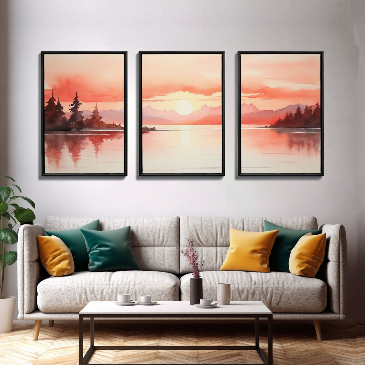 Beautiful Red Lake Sunset 3 Piece Framed Canvas Print Set