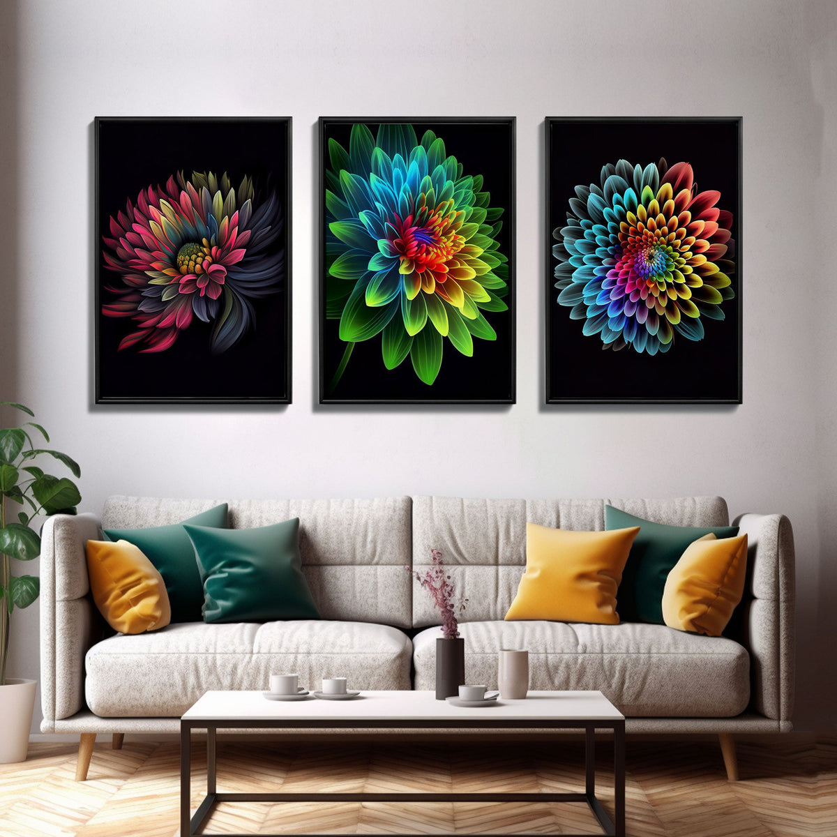 Triptych 3 Panel Wall Art - Framed Canvas Prints - Retro Style Flower Paintings