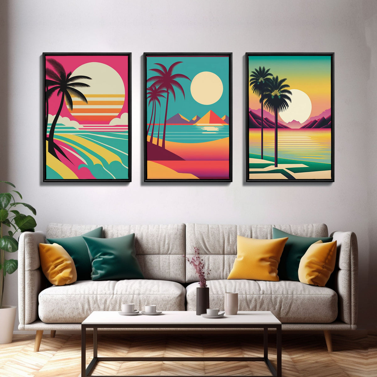 Beautiful Turquoise Retro Style Beach Art, Triptych 3 Panel Framed Canvas Prints
