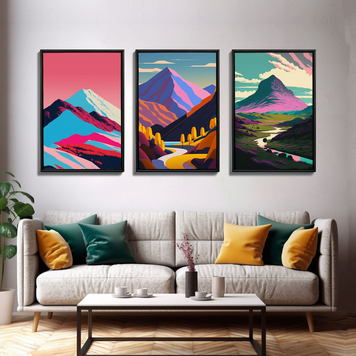 Minimalist Midcentury Wall Art, Framed Canvas Prints, 3 Piece Wall Art