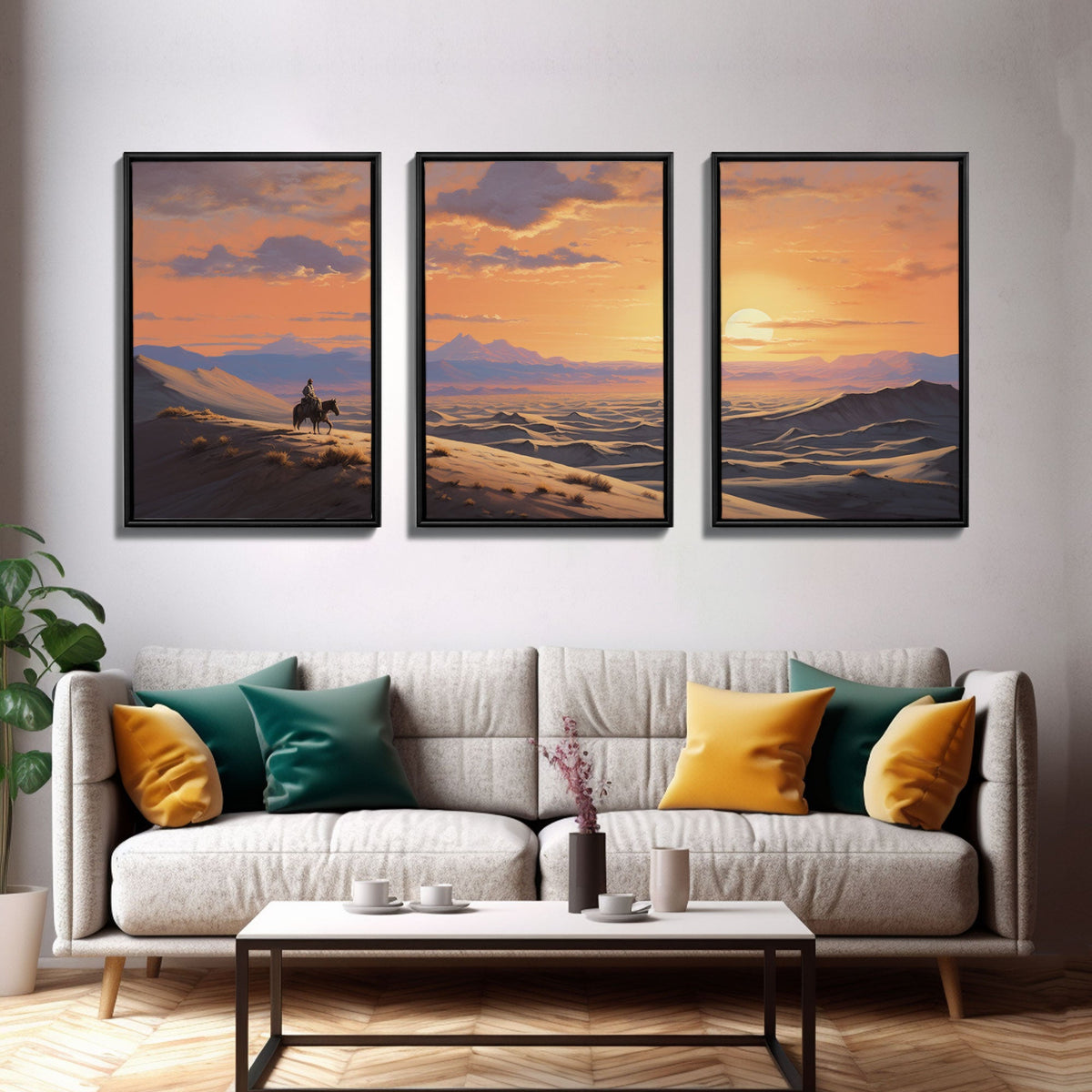 Cowboy Wall Art, Sunset Print, Canvas Print, 3 Piece Wall Art