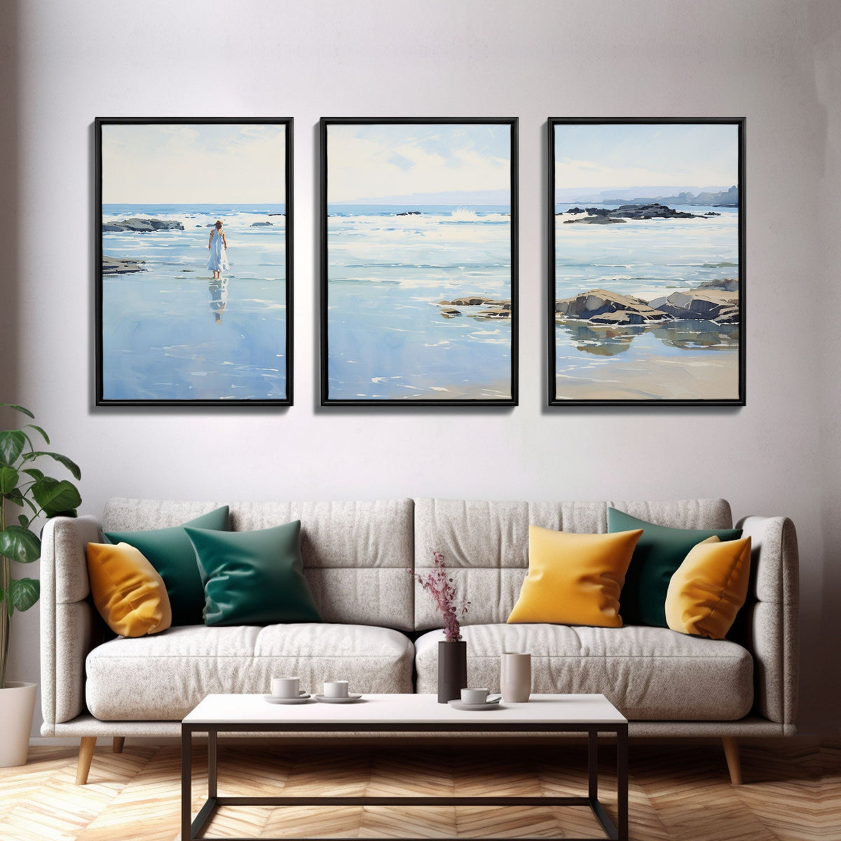 Framed Ocean Art | 3 Piece Art | Triptych Painting