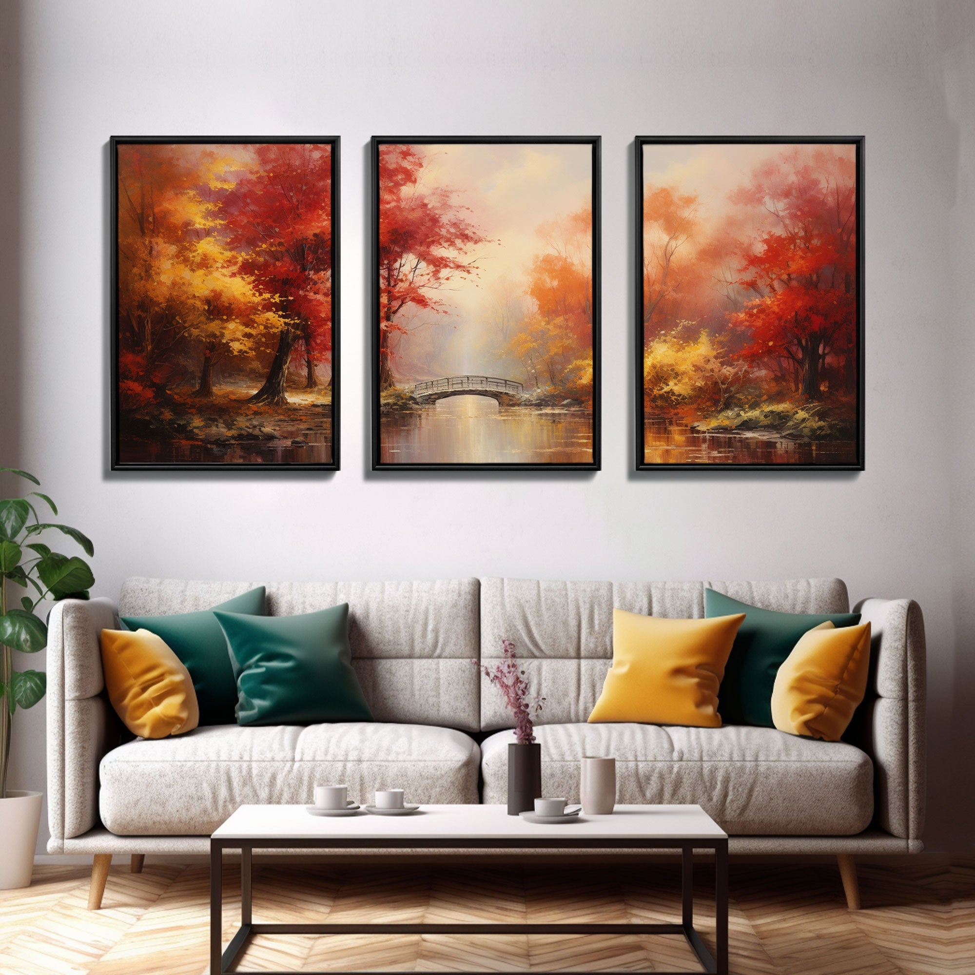 Fall Decor, 3 Piece Wall Art Set, Autumn Forest Oil Painting, Canvas Prints