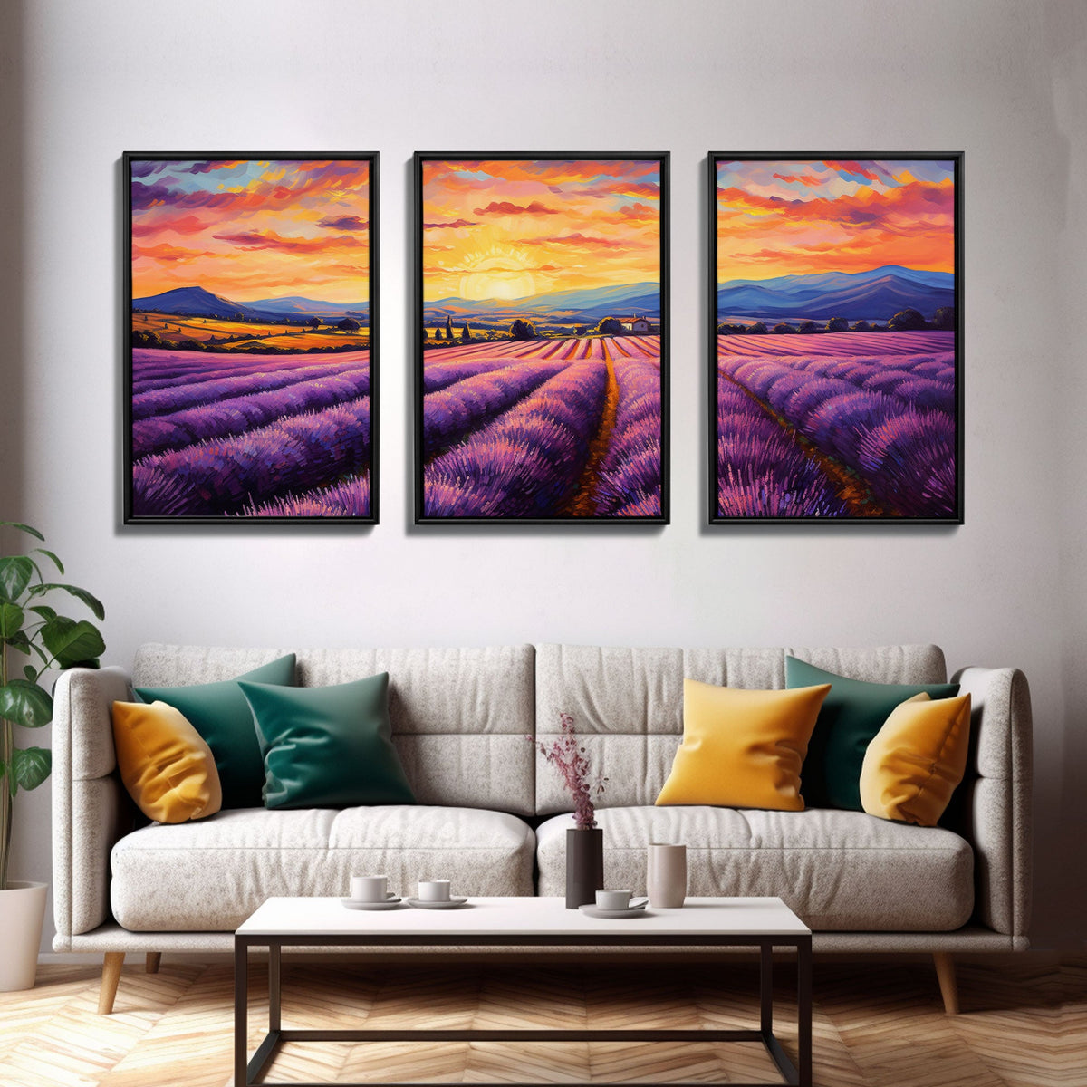 Purple Lavender Fields, 3 Piece Wall Art, Framed Canvas Print