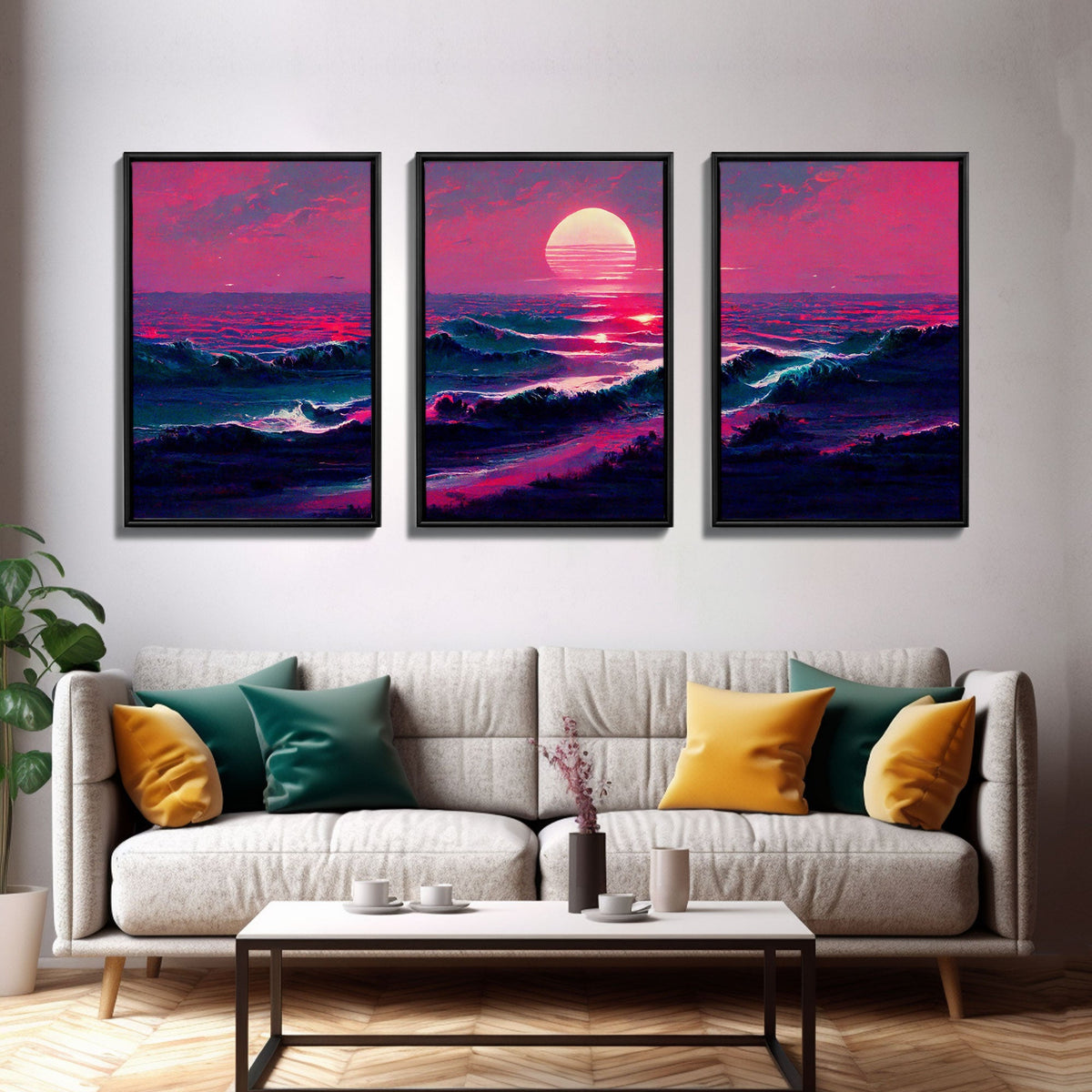 Outrun Style Synthwave Sunset Ocean Waves, 3 Piece Canvas Print