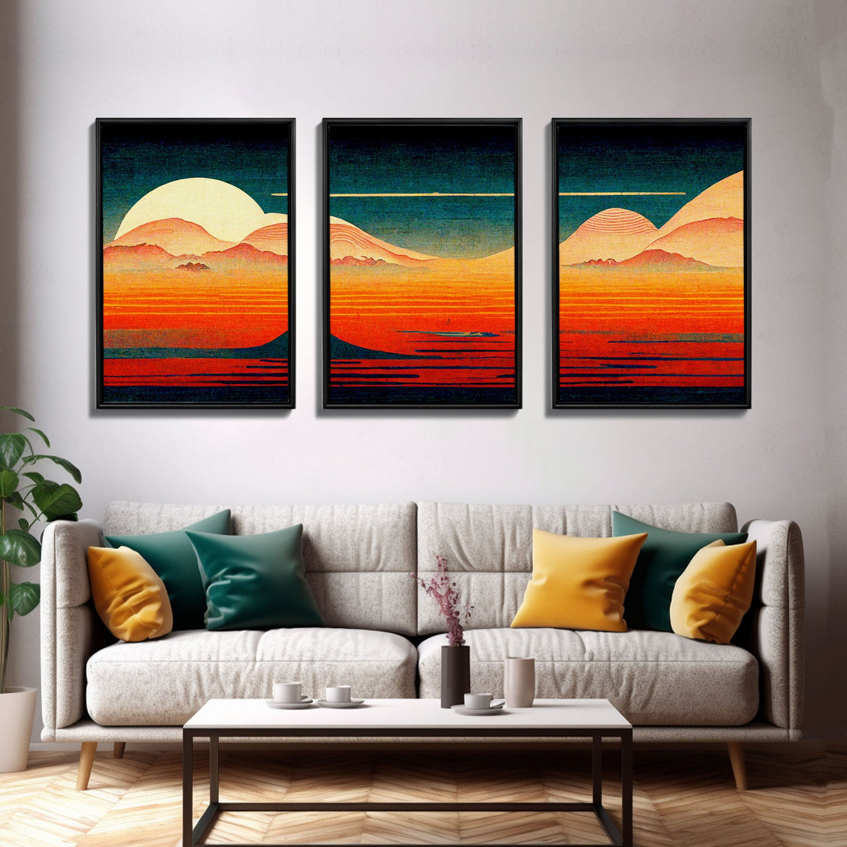 Retro Japanese Style Sunset Art, 3 Piece Wall Art, Canvas Print