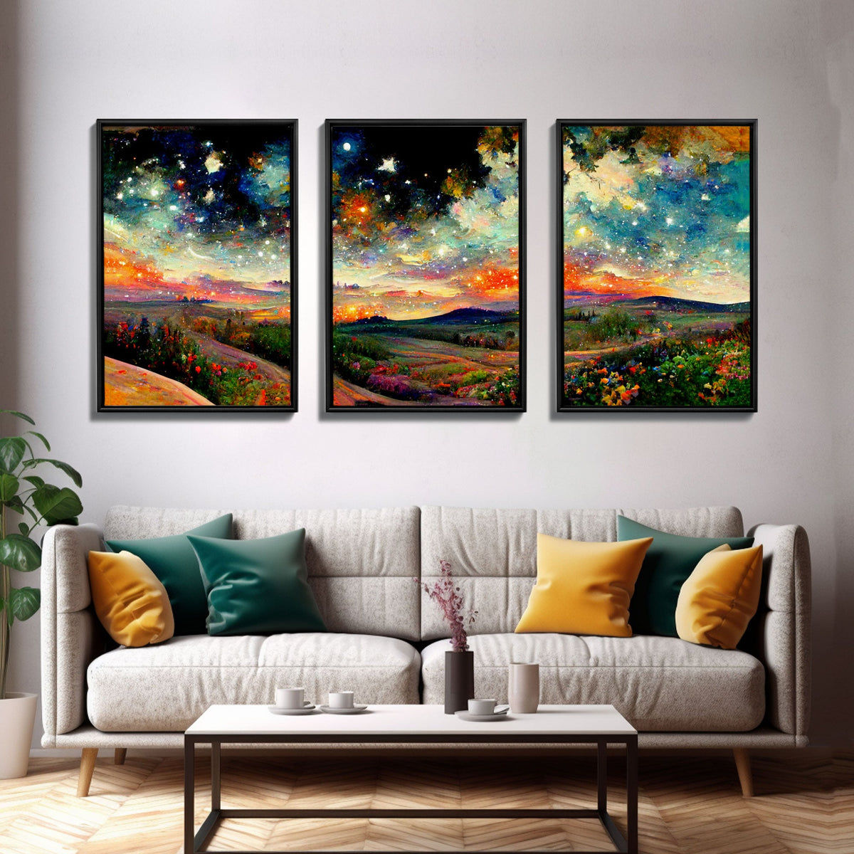Night Starry Sky Landscape, 3 Piece Wall Art, Ready To Hang Canvas Print