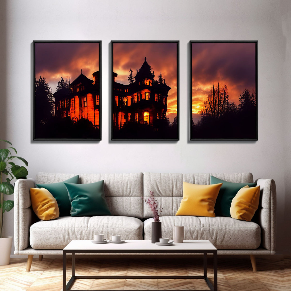 3 Piece Canvas Wall Decor, Victorian Style Haunted House