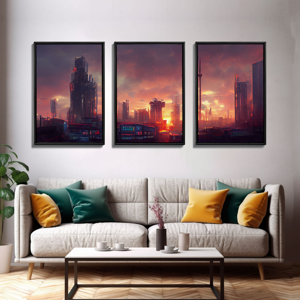 Cyberpunk City, 3 Piece Wall Art, Canvas Print