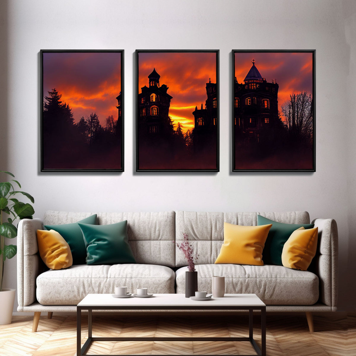 3 Piece Canvas Wall Decor, Victorian Style Haunted House