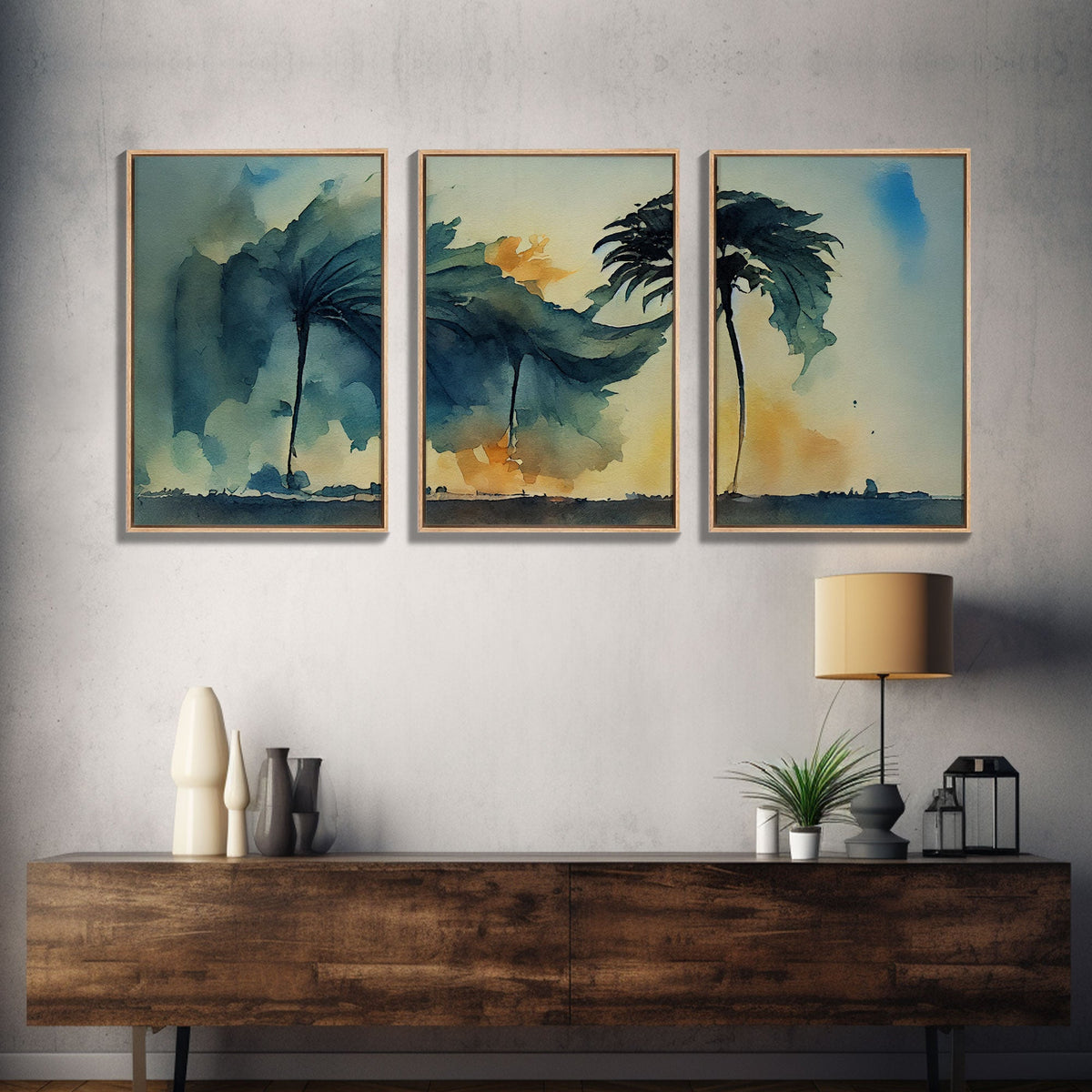 Watercolor of a Palm Tree Blowing in a Hurricane, 3 Piece Canvas Print, Wall Art