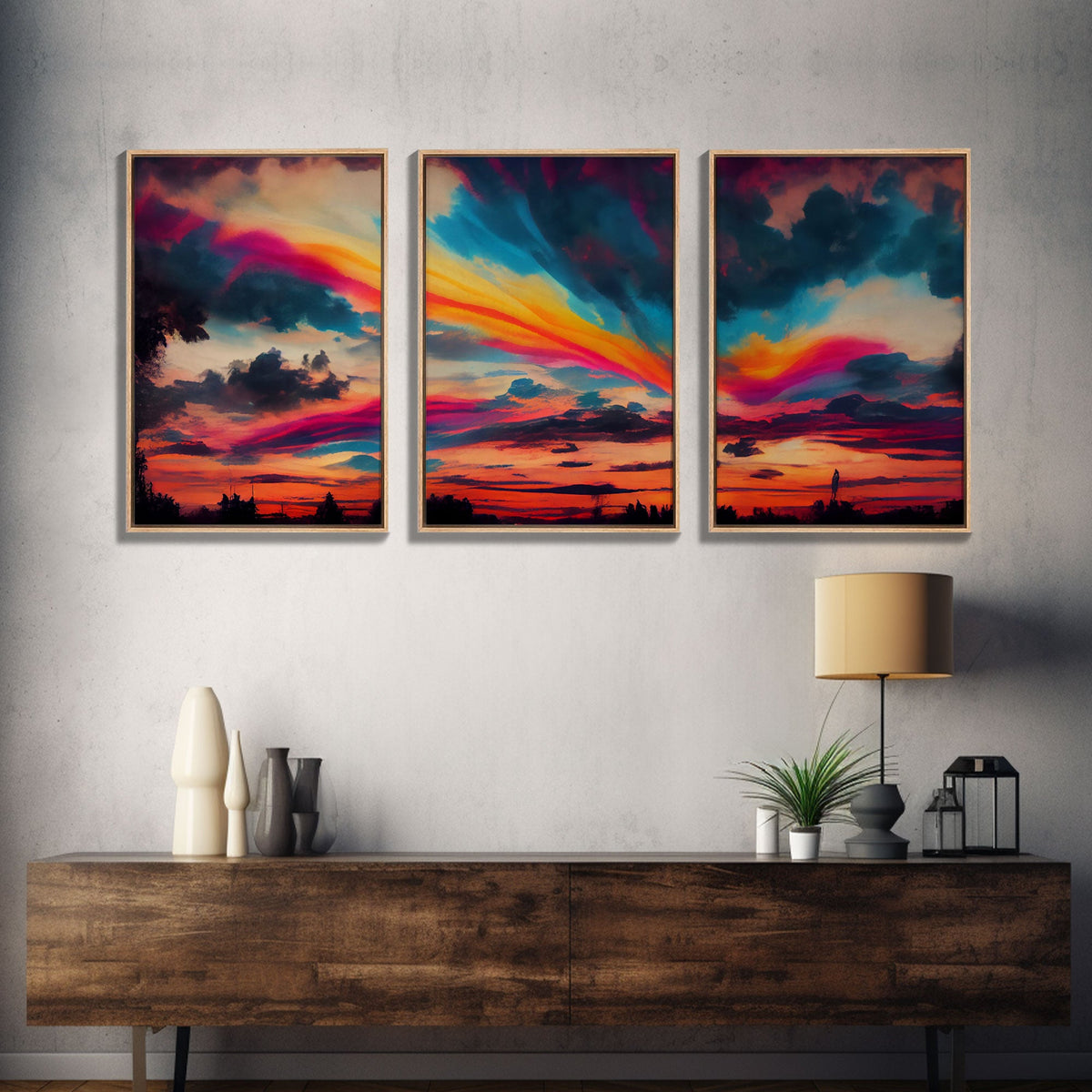 Psychedelic Sunset, 3 piece Canvas Print Wall Art