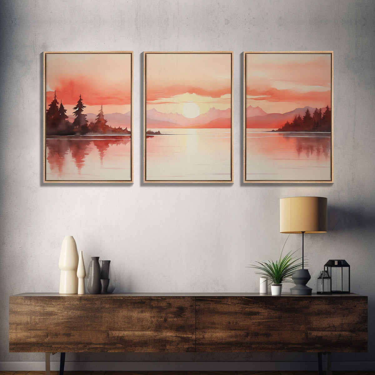Beautiful Red Lake Sunset 3 Piece Framed Canvas Print Set