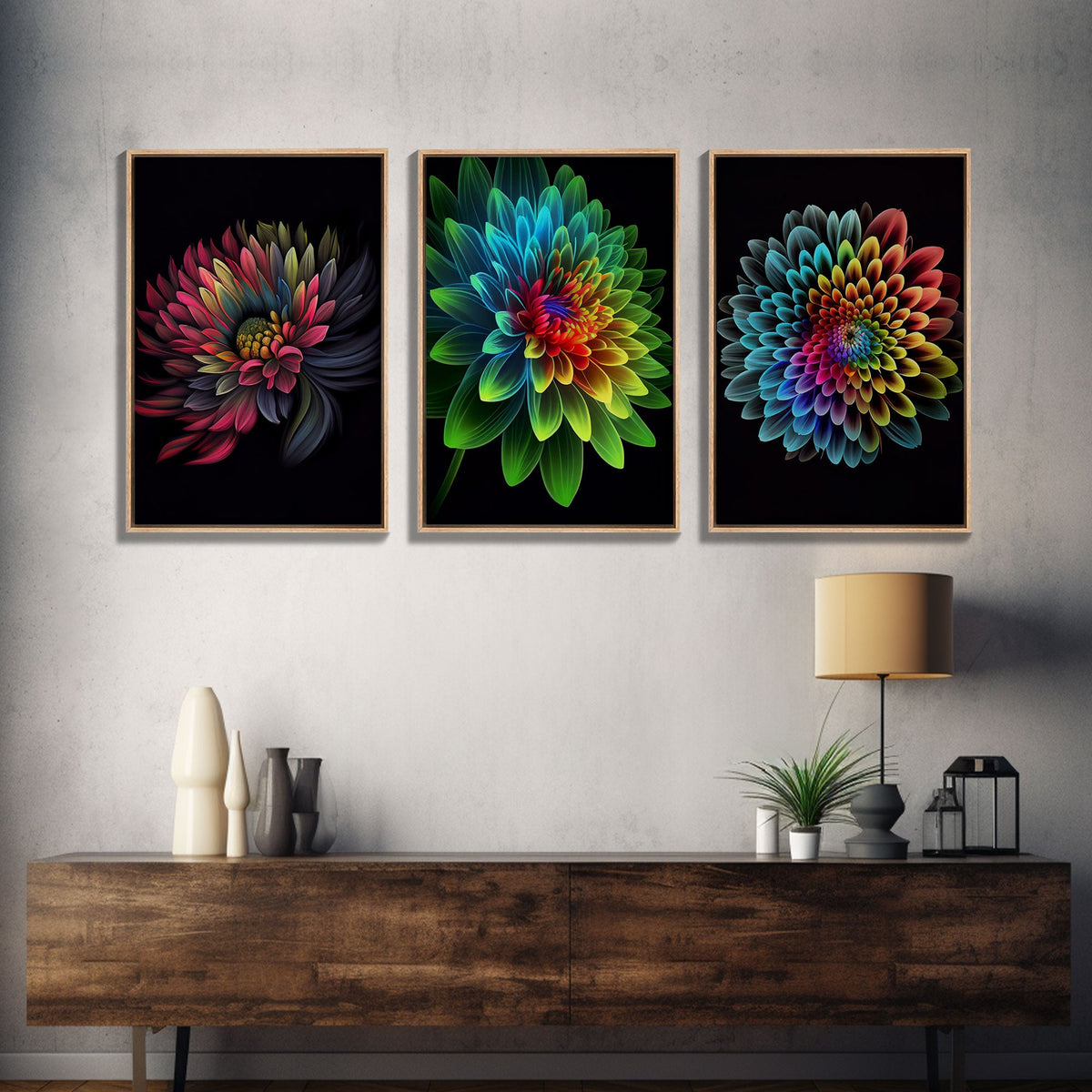 Triptych 3 Panel Wall Art - Framed Canvas Prints - Retro Style Flower Paintings