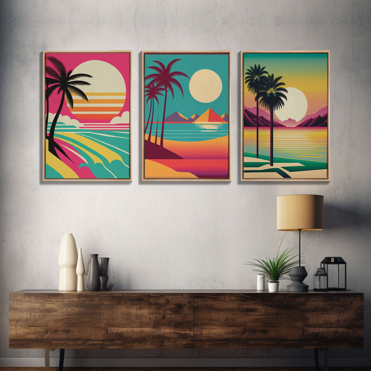 Beautiful Turquoise Retro Style Beach Art, Triptych 3 Panel Framed Canvas Prints